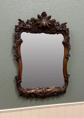 Antique French Rococo Mirror Framed Hanging Wall Mirror Rectangular Carved Oak - Image 1 of 4