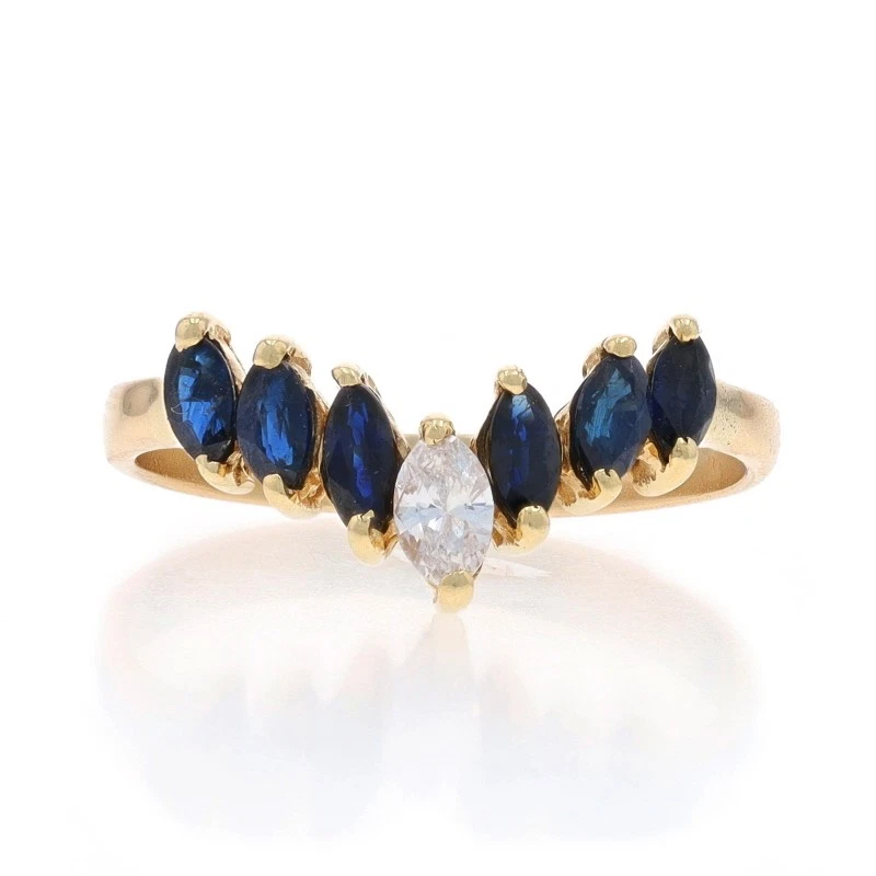 Yellow Gold Diamond Sapphire Wishbone Ring - 10k Marq .63ctw Enhancer Guard Band - Image 1 of 4