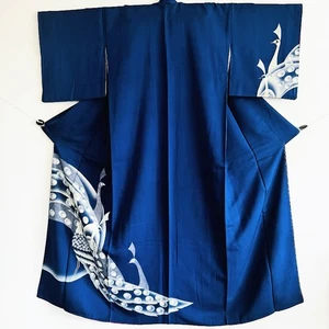 Pfau Kobaltblau WEIT LANG Handbemalt Vintage Seide Kimono Morgenmantel Abendkleid - Bild 1 von 5