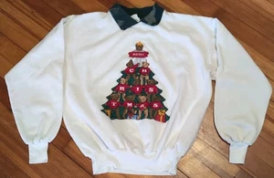 Vintage Sweatshirt Cottagecore Weihnachtsbaumbären mit Kragen Damen M/L - Bild 1 von 9