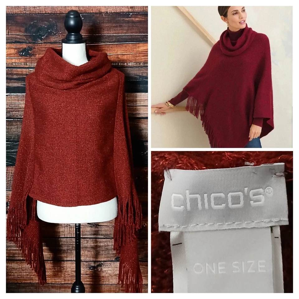 Poncho Chicos Talla Única Borgoña Vino Brillante Capucha Cuello Capa Suéter Flecos  Foto 1 de 4