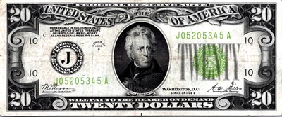 1928-B $20 "Light Green Seal" FRN-Kansas City  VF-CVF  Fr. 2052-J - Image 1 of 3