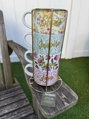 Pier 1 Sentiments Stacking Coffee/Tea Mugs w/Holder Shine Inspire Dream Love NWT - Image 1 of 4