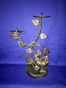 Vintage UNIQUE Copper Black Metal CANDELABRA Pillar ROOSTER Chicken ▬ RARE ❤️ - Picture 1 of 9