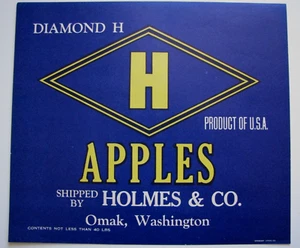 Etiqueta original de caja de manzana DIAMOND H Omak Washington Holmes & Company azul - Imagen 1 de 2