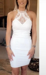 Lipsy White Bodycon Dress Size 12 Lace Halter Neck Occasion Hen Do Evening - Picture 1 of 15