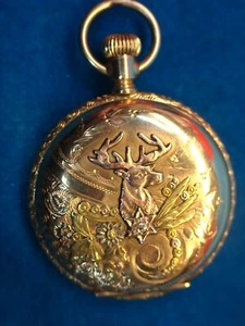 WALTHAM FANCY SMALL SIZE HUNT CASE PKT WATCH - 14K G.F. CASE - TRI-COLOR - Picture 1 of 24