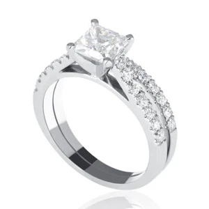 Solitaire 14K White Gold Princess Cut Diamond Engagement Ring Set 1.40 CT D/VS2 - Picture 1 of 5