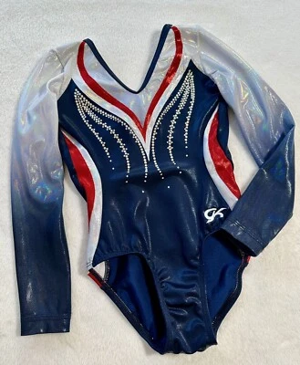 GK ELITE Competition LEOTARD gymnastics SWAROVSKI Rhinestone USA Patriotic  CL￼ - Image 1 of 4