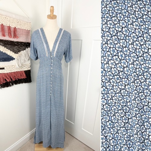 VALENTINO Maxi abito Cleobella Valentina floreale scollo a V bottoni davanti blu bianco taglia XL