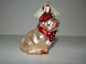 New Old World Christmas Blown Glass Ornament, Snowy Pig, Red Scarf - Picture 1 of 4