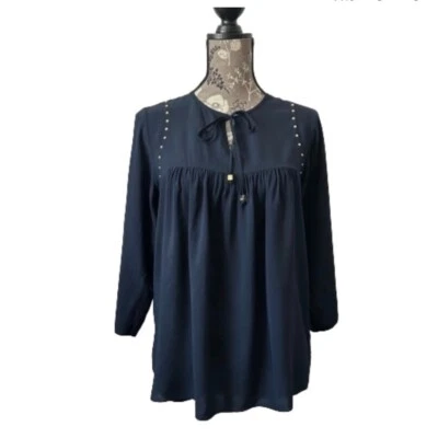 Blusa Top MICHAEL Michael Kors Para Mujer XS Azul Marino/Dorado Mangas 3/4 Calce Relajado Foto 1 de 4