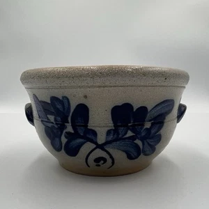 Vintage Rowe Pottery Works Floral Blue Decorated Stoneware Bowl w/ Handles 1988 - Picture 1 of 9