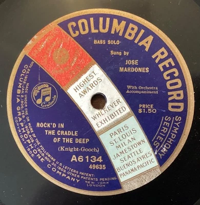 José Mardones – 78 rpm Columbia A6134: Rocked in the Cradle of the Deep/Asleep - Image 1 of 4