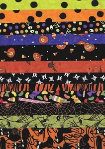 Halloween Fabric, Set of 12 Fat 1/8s, Cats, Dots, Orange, Black, Green Purple - Picture 1 of 4