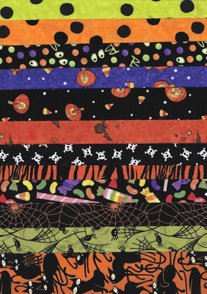Halloween Fabric, Set of 12 Fat 1/8s, Cats, Dots, Orange, Black, Green Purple - Image 1 of 4