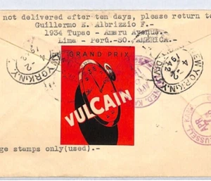 PERU Air Mail 1942 Cover GRAND PRIX VULCAIN *Watch Advert Label* Reg'd USA YV430 - Picture 1 of 12