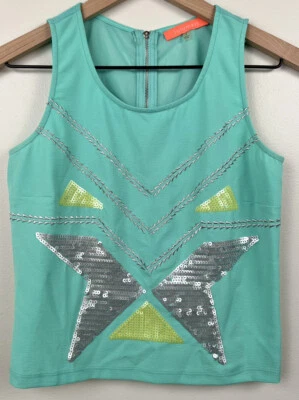 Lulumari 女式网眼背心 S 码浅绿色灰色石灰亮片半透明 — 第 1/4 张图片