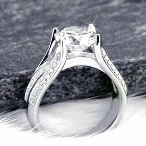 14k white Gold Plated 3.90ct Solitaire Moissanite Engagement Ring Wedding Band - Picture 1 of 7