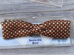 RETRO Shur On Mens Bow Tie Brown Flower Print Rayon Clip On Vintage 1940s USA - Picture 1 of 3