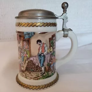 Vintage German Beer Stein Lithophane Mug w/att. handle Soldier Peasant Porcelain - Picture 1 of 10
