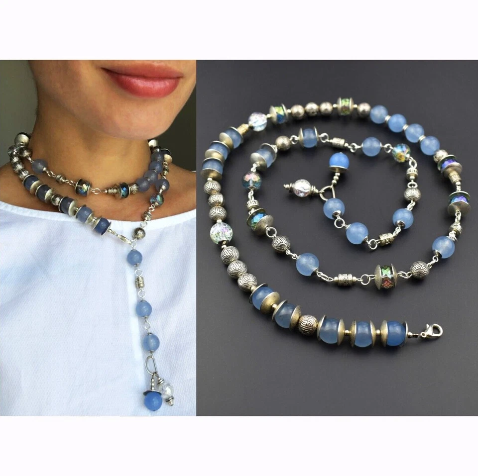 Collar de calcedonia azul largo, llamativo collar lariat cuentas Foto 1 de 1
