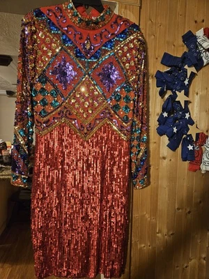 С блестками 80-х платье Sz 12 шелк черный галстук L/S РЕДКАЯ тяжелый официальный новый с Ярлыками молнии 1704L - Изображение 1 из 4