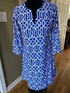 Jude Connally Dress Women royal blue white geo Print knit dress 3/4slv Small New - Picture 1 of 15