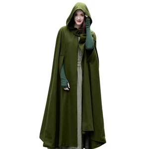 Womens Loose Long Cape Cloak Hooded Coat Medieval Robe Costume Army Green-M UK - Picture 1 of 6