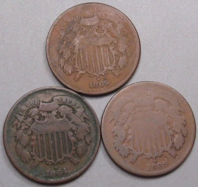 3 US 2¢ Two Cent Piece 1864, 1865, 1869 - Image 1 of 4