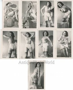 Smiling nude brunette woman undressing 9 vintage pin up photo lot - Picture 1 of 1
