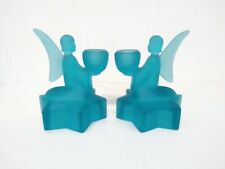 Vintage LE Smith Set of 2 Blue Satin Glass Angel Candle Holders 5" Tall
