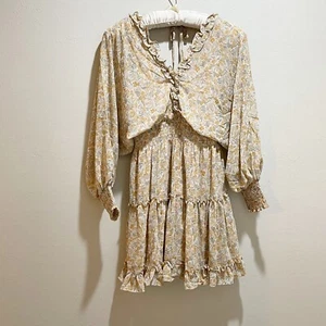YA LOS ANGELES Women’s Beige Blue Yellow Floral Dress Ruffles Puff Sleeves Sz S - Picture 1 of 10