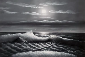 Ocean Wave  - B/W #4DBS-1, 24x36, 100% Hand Painted Oil Painting on Canvas, - Picture 1 of 6