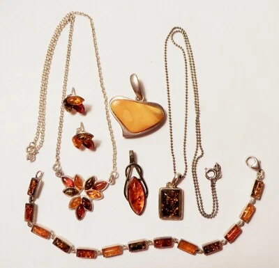 Pendientes collares colgantes de yema de huevo de plata de ley ámbar báltico de 7 piezas Foto 1 de 4