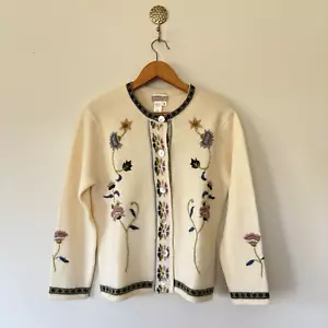 Vtg Coldwater Creek Embroidered Floral Wool Knit Cardigan Sweater Medium Button - Picture 1 of 21