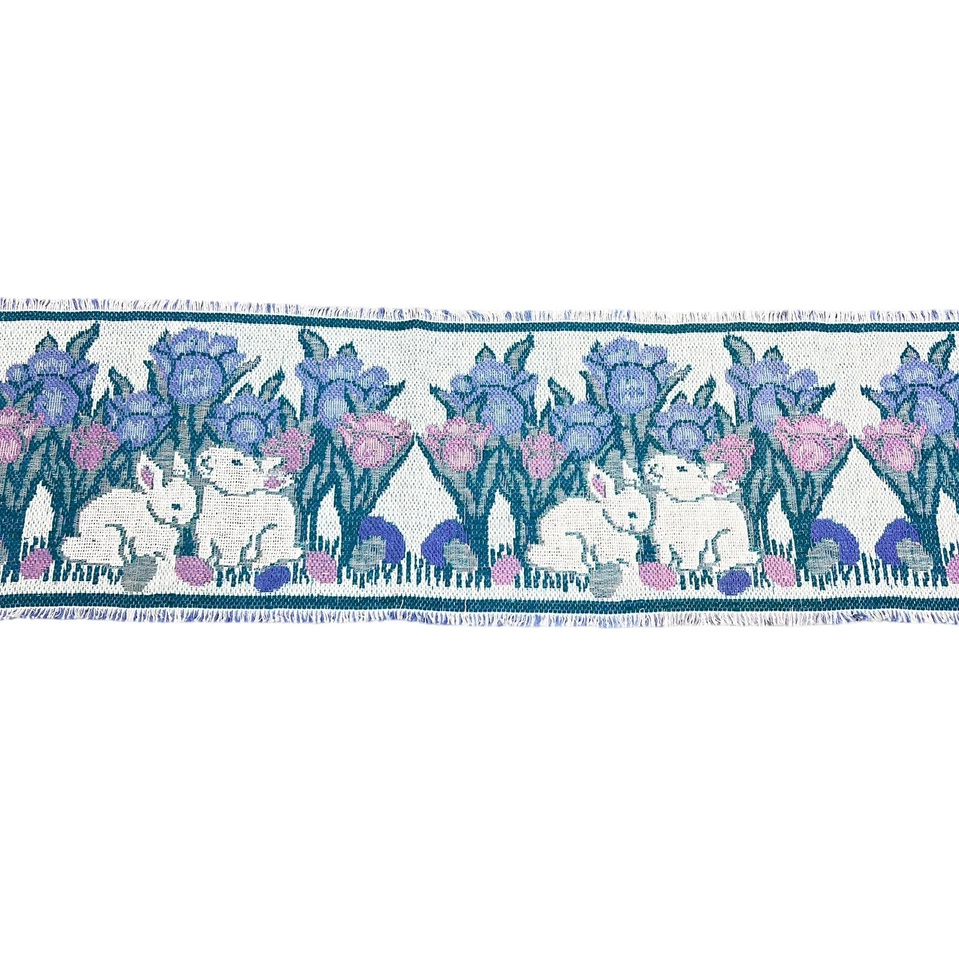 Vintage Easter Spring Tapestry Table Runner White Pink Blue Bunny Cottagecore - Image 1 of 4