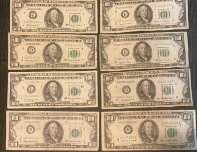 Lot of 8  1963  1950 $100 HUNDRED DOLLAR BILLS FED RESERVE NOTES $800 - Image 1 of 4