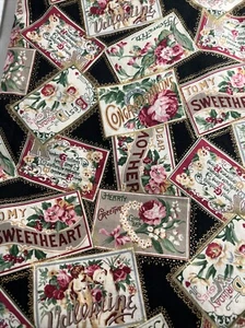 Hoffman Heirlooms 3 yds x 42” Vtg Postcard Cotton Quilt Fabric Black Pink Roses - Picture 1 of 2