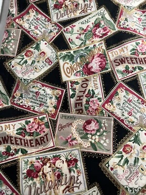 Hoffman Heirlooms 3 yds x 42” Vtg Postcard Cotton Quilt Fabric Black Pink Roses - Image 1 of 2