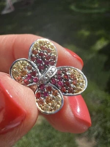 14k White Gold Lever Back Butterfly Earrings With Multicolor Sapphire - Picture 1 of 10