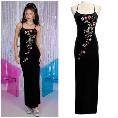 Maxi Vestido Vintage Y2K S City Triángulos Negro Terciopelo Bordado Espalda Baja Hada Foto 1 de 4