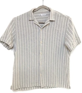 Zara Shirt Mens XL Gray White Striped Knit Camp Collar Short Sleeve Button - Picture 1 of 7
