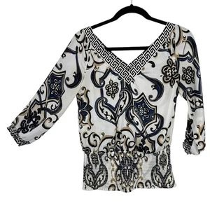 WHBM seidiges Oberteil mit V-Ausschnitt Gr. XS gesmokte Taille bunt Blumen transparent Pullover - Bild 1 von 9