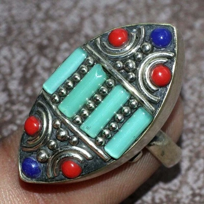 Anillo Tribal Nepalí Coral Rojo Turquesa Tibetano EE. UU. Joyería Tamaño Libre JW Foto 1 de 3