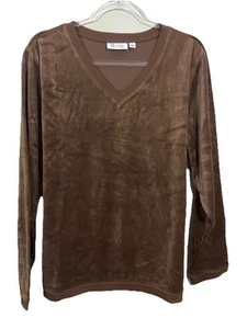 Denim & Co Size 1X Brown Velour Long Sleeve V Neck Pullover Tunic Top NEW - Picture 1 of 7