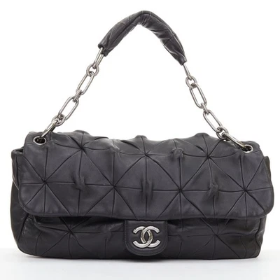 CHANEL Soft Squares Origami black leather silver CC logo chain shoulder flap bag - Image 1 of 4