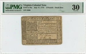 1775 July 17, 2 Pounds Virginia Colonial Note FR#VA-78a PMG VF30 - Picture 1 of 2
