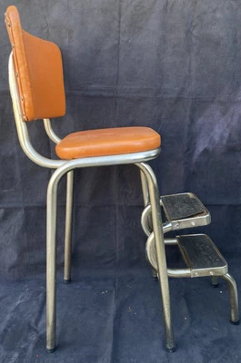 VTG MCM Pull Out Step Up Stool - Rare Orange Vinyl - Chrome Metal Chair - Image 1 of 4