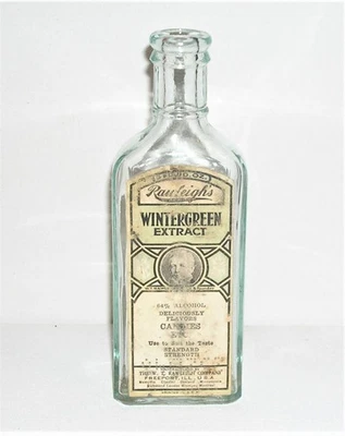 Botella verde pálido vintage Rawleigh's Wintergreen Extract 6,25", etiqueta original Foto 1 de 4